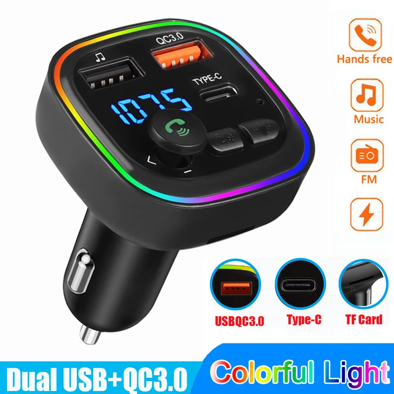 

Car Bluetooth 5.0 FM Transmitter PD 18W Type-C Dual USB Charger Ambient Light Handsfree MP3 Modulator Player Audio Receiver