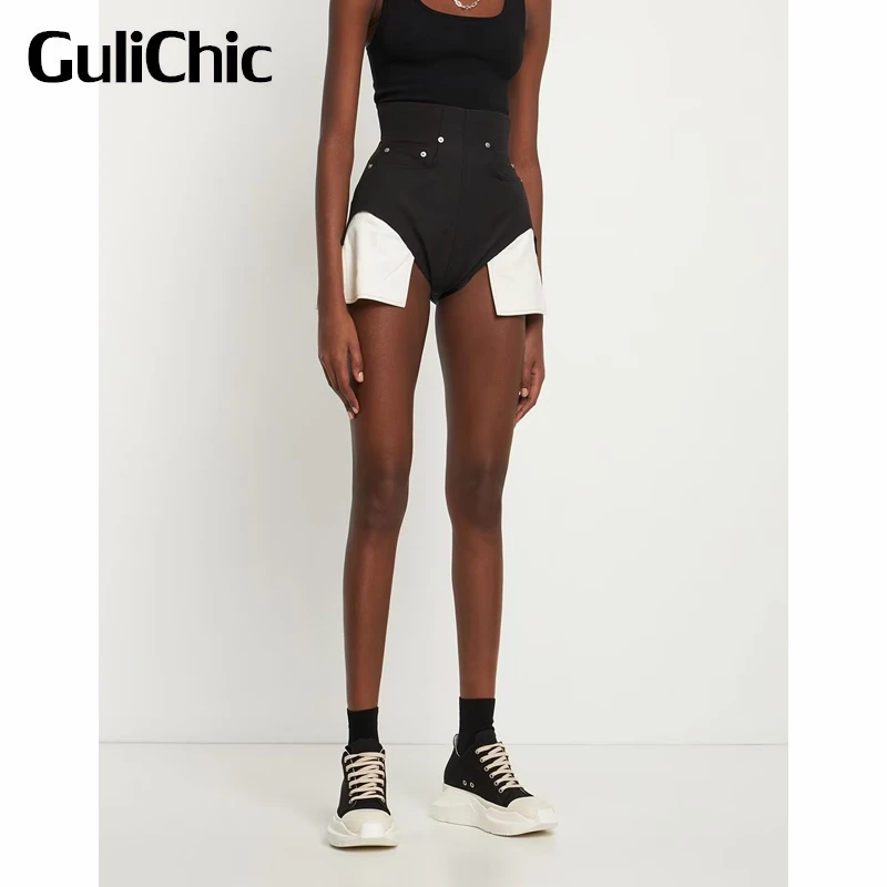 

3.29 GuliChic Vintage Casual Black Contrast Color Pocket Back Zipper High Waist Shorts Women