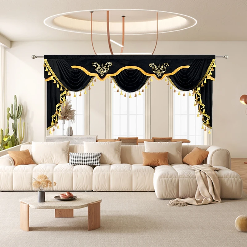 

Черная бархатная волнистая занавеска-занавеска с золотой бахромой и фестонами для роскошной гостиной Европейский Декор для дома драпировка