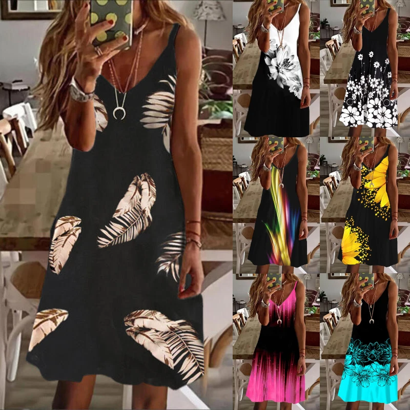 

Sexy Women Sling Floral Mini Dress Summer Casual V-neck Sleeveless Flower Print Strap Dress Holiday Beach Wearing A-Line Vestido