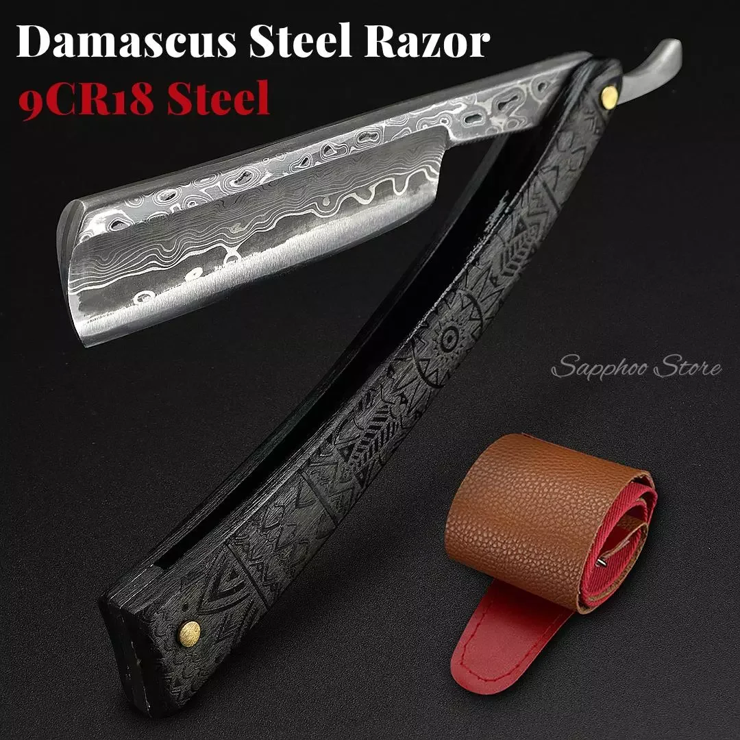 

NEW2023 High Quality Vintage Damascus Steel Kit 9CR18 Steel Shaving Straight Set Natural Ebony Handle With Sharpening Belt