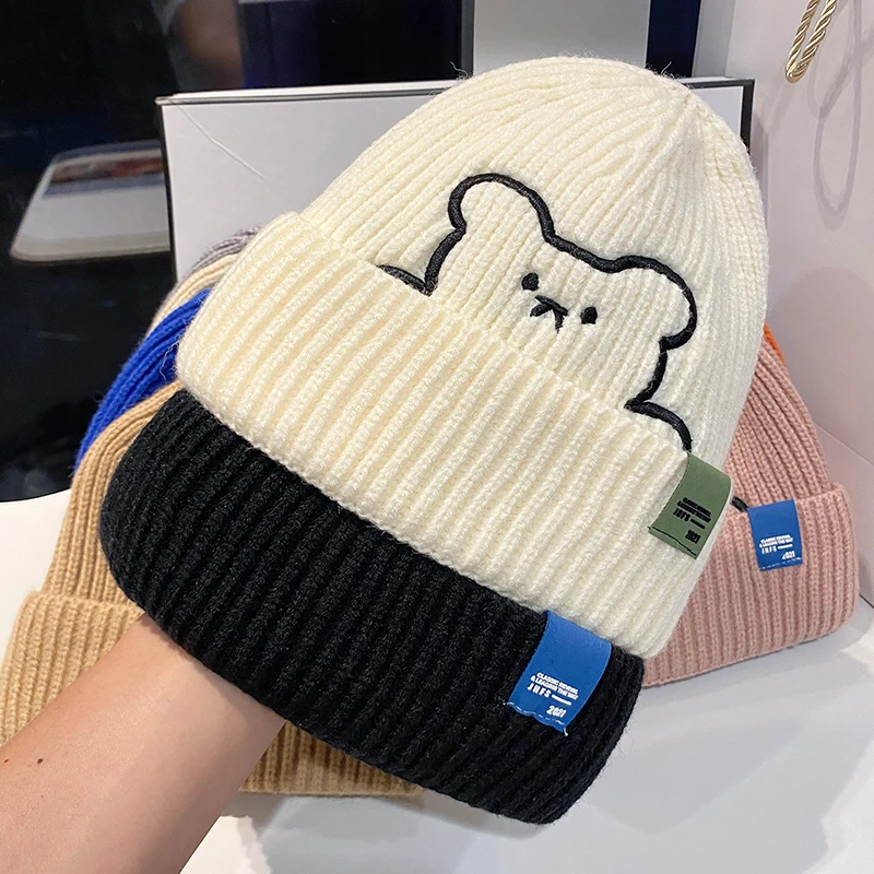 

Милая Женская Шапка-бини в Корейском стиле с мультяшным медведем, мягкие зимние теплые шапки для мальчиков и девочек, однотонная Вязаная Ша...