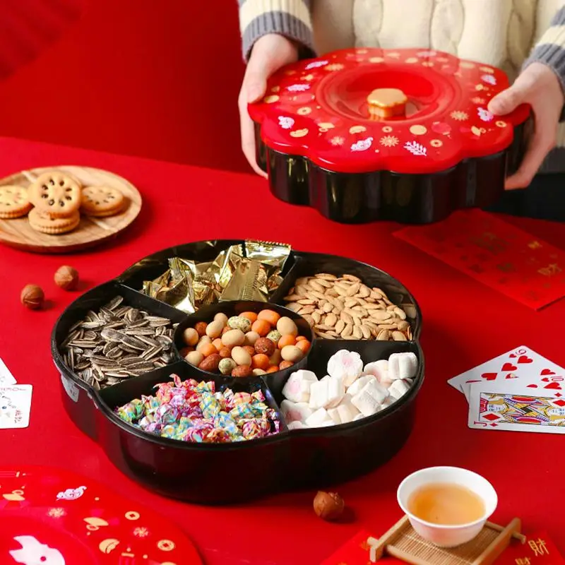 Red Household Dried Fruit Box Large Fruit Plate Household Living Room New Year Candy Box Coffee Table Compartment with Lid Snack