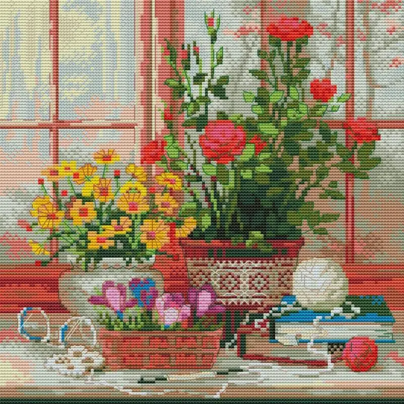 Набор для вышивки крестиком с цветочным горшком на окне рукоделие сделай сам