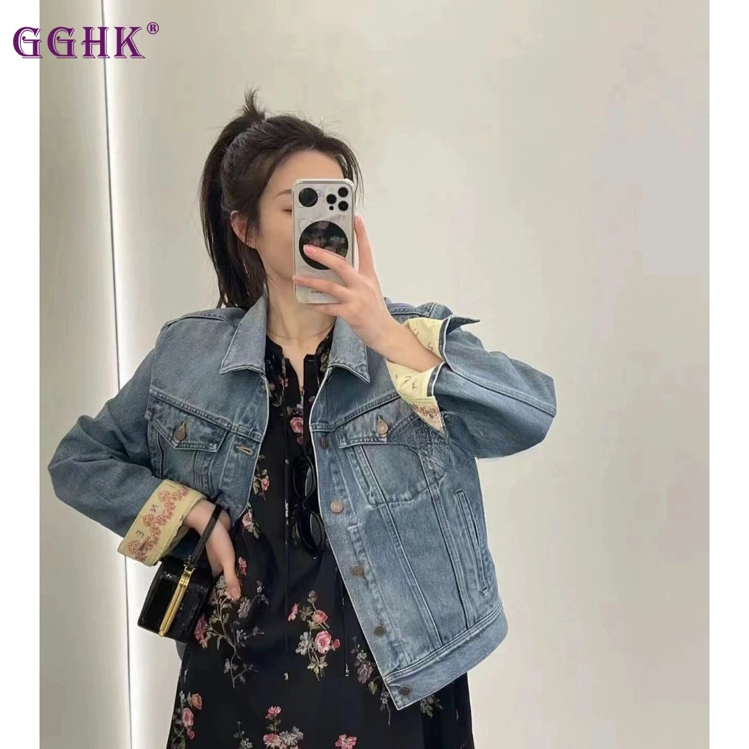 

GGHHK Denim Jacket Women's Coat 2023 Fall New Single-breasted Pocket Top Korean Fashion Retro Streetwear A01465