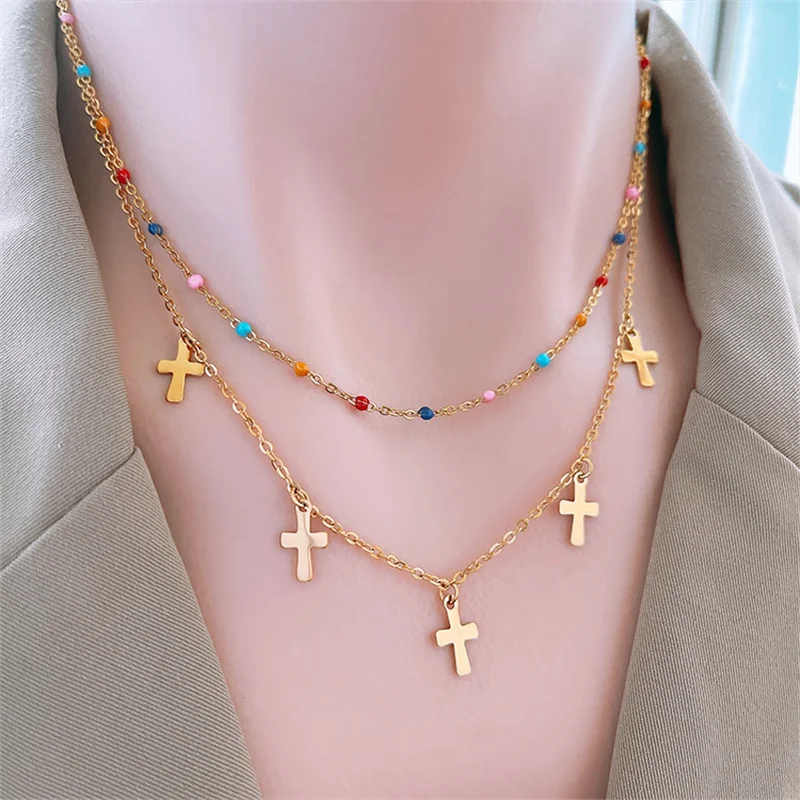 

316L Stainless Steel Cross Charm Necklace For Women Trend Multi layer Color Crystal Beads Butterfly Star Moon Girl Party Gift