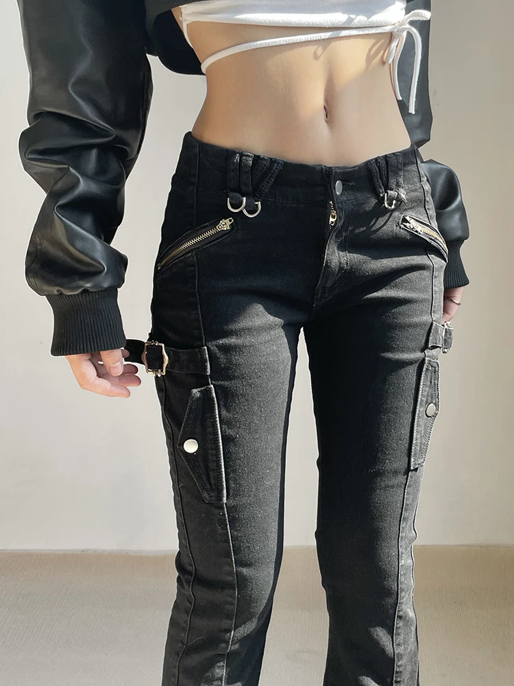 Gothic Punk Buckle Skinny Flare Jeans Women Slim Black Harajuku Denim Low Waist Trousers Korean Stretch Capris Pants