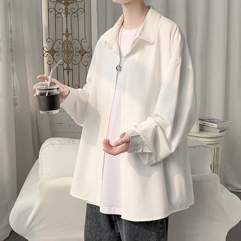 EOENKKY/Lce Silk Black Solid Color Shirt Men's Loose Casual Long-Sleeved Cardigan Fashion Spring and Summer Shirt BoysClothes