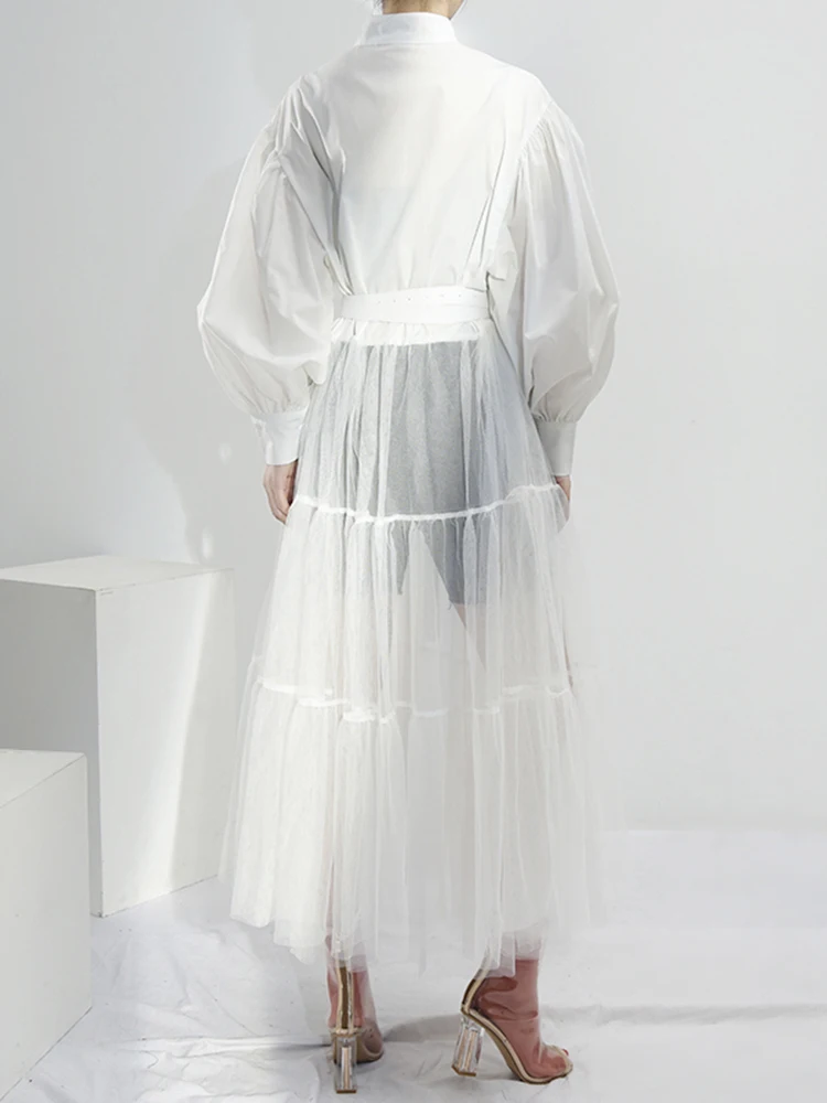 [EAM] Женская белая сетчатая длинная блуза большого размера, новая свободная рубашка с воротником-стойкой и длинным рукавом, модная весенне-о... от AliExpress RU&CIS NEW