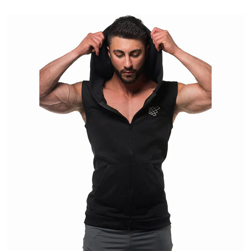 

Мужская модная майка для бодибилдинга, мужская спортивная одежда для тренировок в тренажерном зале с капюшоном, толстовки без рукавов на мо...