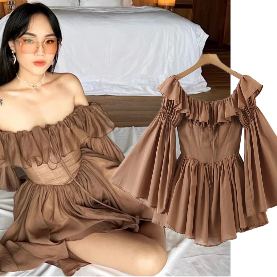 

Elmsk 2022 Ins Blogger Retro Ruffles Cascading Collect Waist Fashion Sexy Off Shoulder Beach Cotton Summer Dress Women