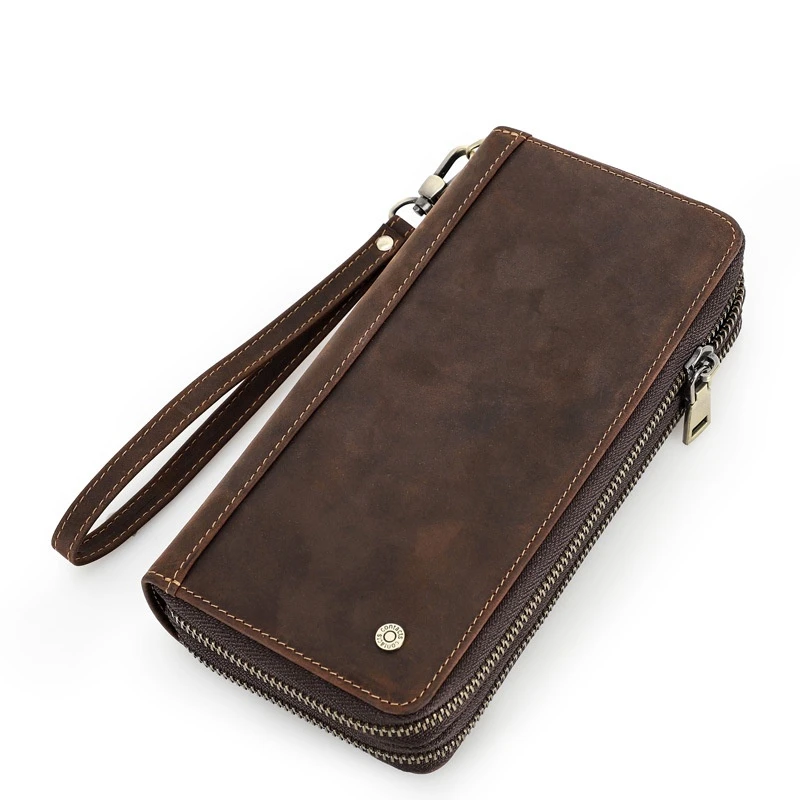 Men's Wallet Genuine Cowhide Leather Clutch Bag Large Capacity Long Double Zipper Purse with Wrist Strap for Unisex