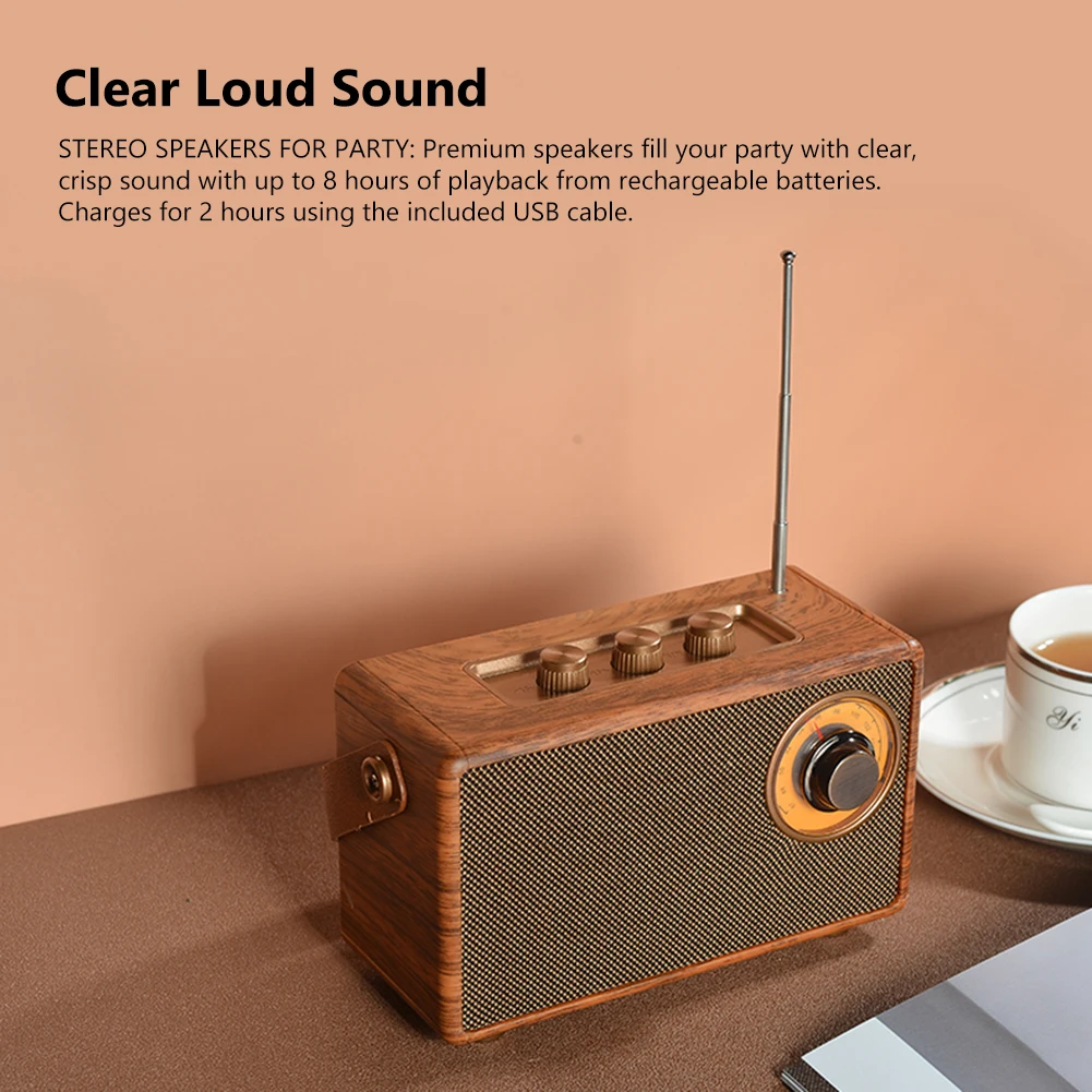 

Wooden Texture Retro FM Radio Portable Radio Receiver Bluetooth-compatible 5.1 Bass Speaker Handsfree MP3 Player USB/TF Card/AUX