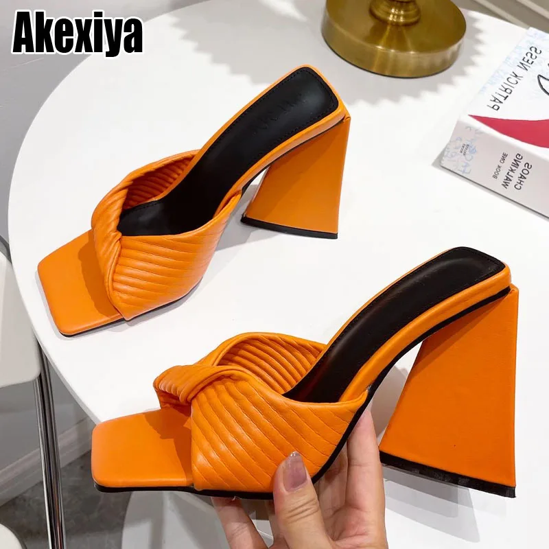 

New Fashion Strange Style High Heels Slides Slippers Women Square Toe Slip On Ladies Sandals Summer Party Shoes BC3781