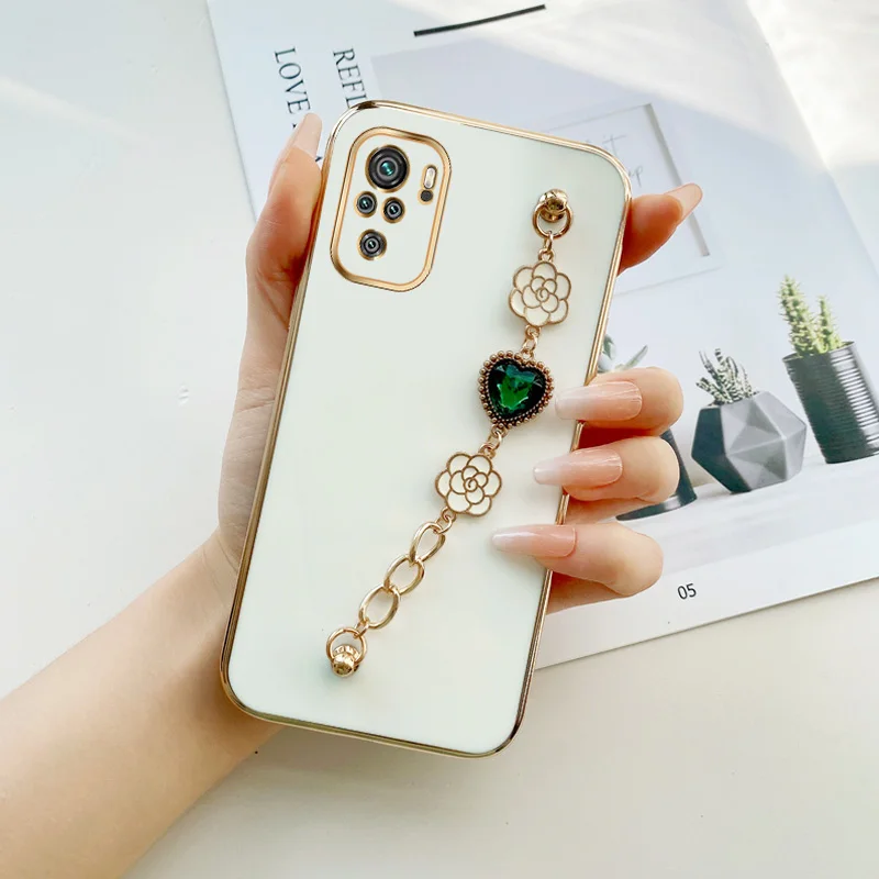 

Green Flower Love Heart Chain Case for Xiaomi Redmi Note 10 4G Note 10S 10T 10 Pro Max Note 11S 11E 11 Pro Plus Poco M3 Pro