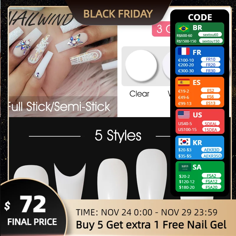 

Накладные ногти NAILWIND для наращивания, 10 искусственных ногтей, прозрачные белые накладные ногти с полным покрытием, накладные ногти разной ф...