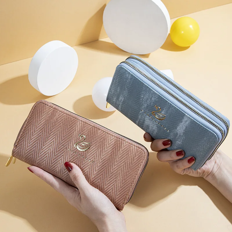 

Women Wallet Handbag Cards Holder Purse New Swan Thermoplastic Bronzing Wave Pattern Fashion Ladies Bags Double Zipper Clutch
