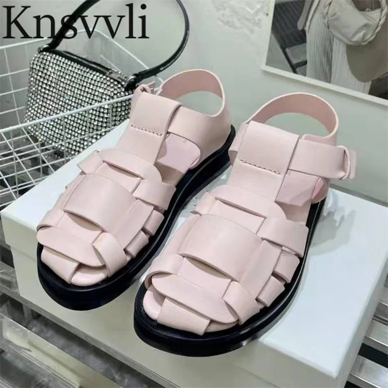 

Designer Flat Sandals Women Genuine Leather Weave Buckle Strap Round Toe Platform Shoes Lady Back Strap Thick Sole Sandals Women