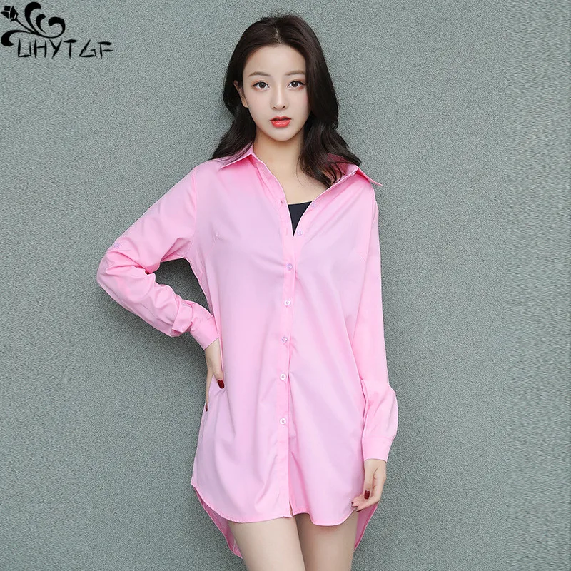 

UHYTGF Shirt Women's Spring Autumn New Thin Loose Casual Lapel Single Breasted Long Sleeve Asymmetrical Fashion Female Top Shirt