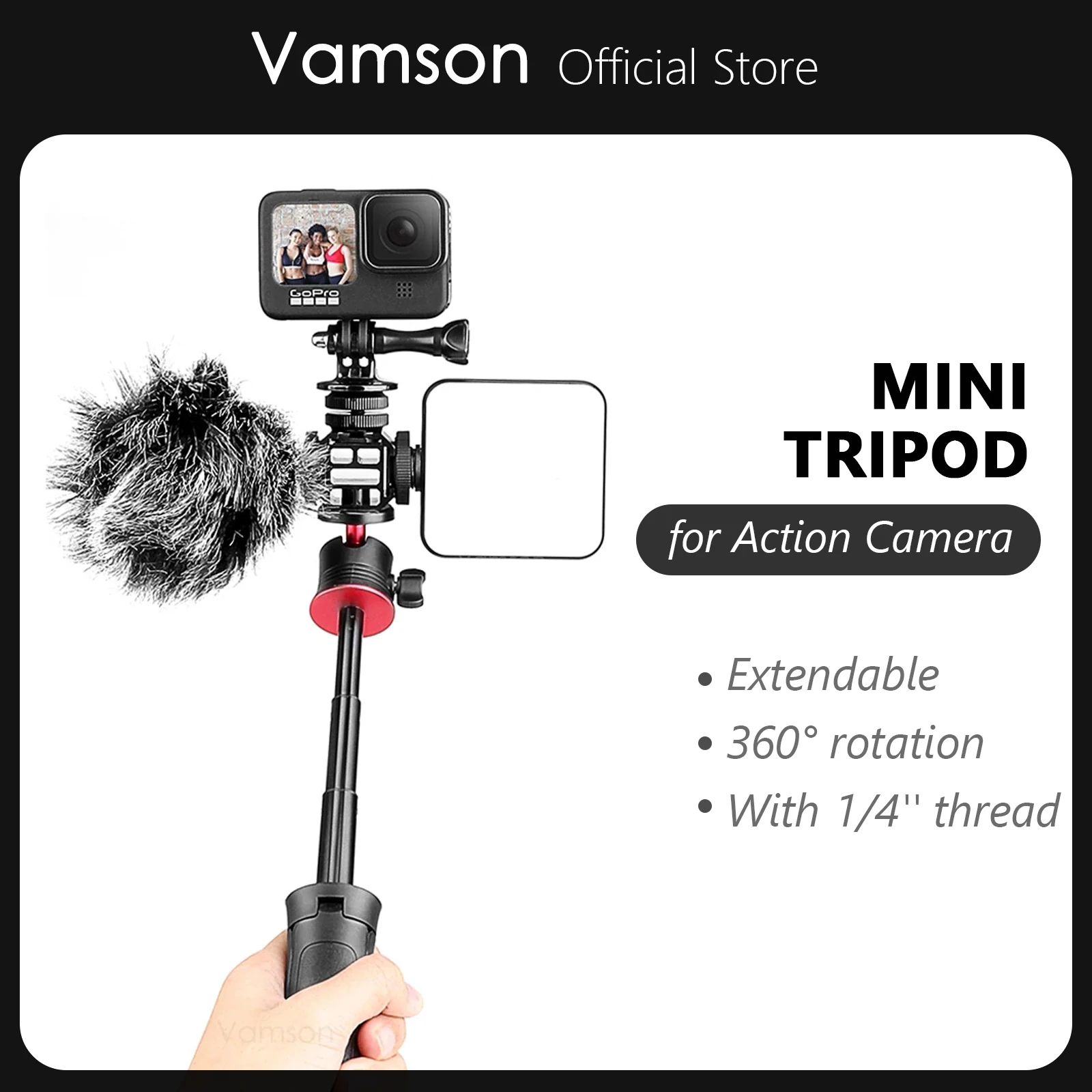 

Vamson Selfie Stick Mini Tripod Extendable Monopod with Fill Light Storage Bag for GoPro Hero 10 9 8 7 6 Insta360 DJI SJ Xiaomi