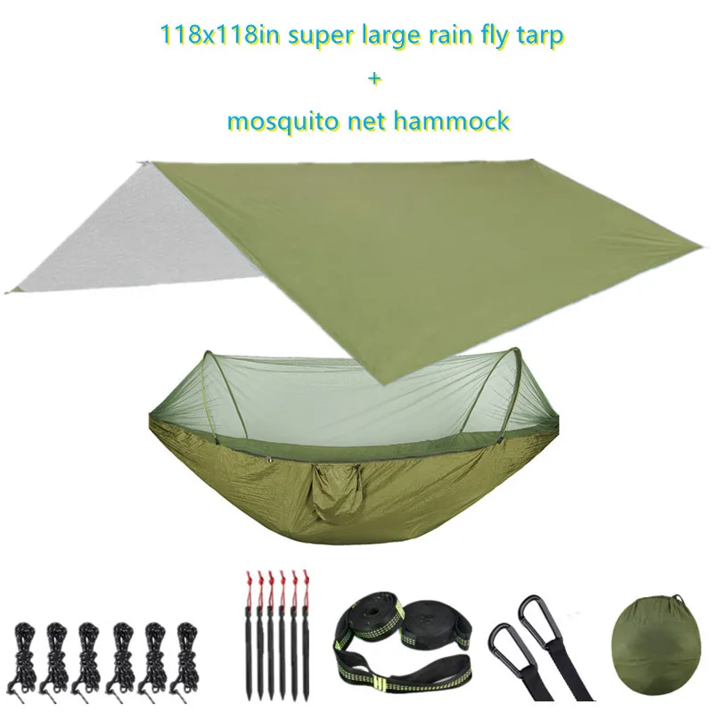 

Portable Parachute Outdoor Camping Hammock with Mosquito Net and 118x118in Rain Fly Tarp,10-ring Tree Strap Hammocks Swing