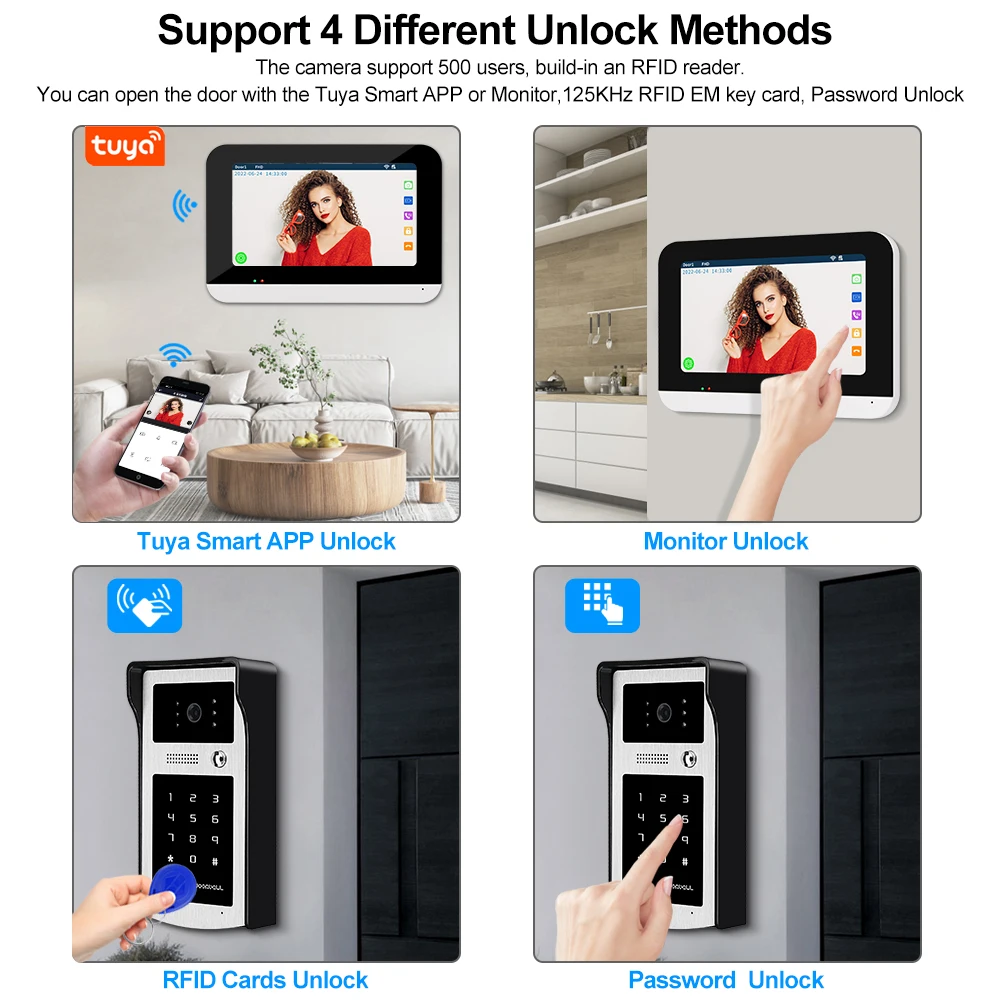 Система видеодомофона Tuya с Wi-Fi RFID-картой и 7-дюймовым сенсорным экраном 1080P HD -