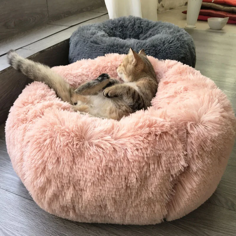 

2023New 30-100cm Long Plush Round Dog Bed Soft Winter Cat Beds Sleeping Lounger Puppy Cushion Mat Self Warming Pet Beds For Dogs