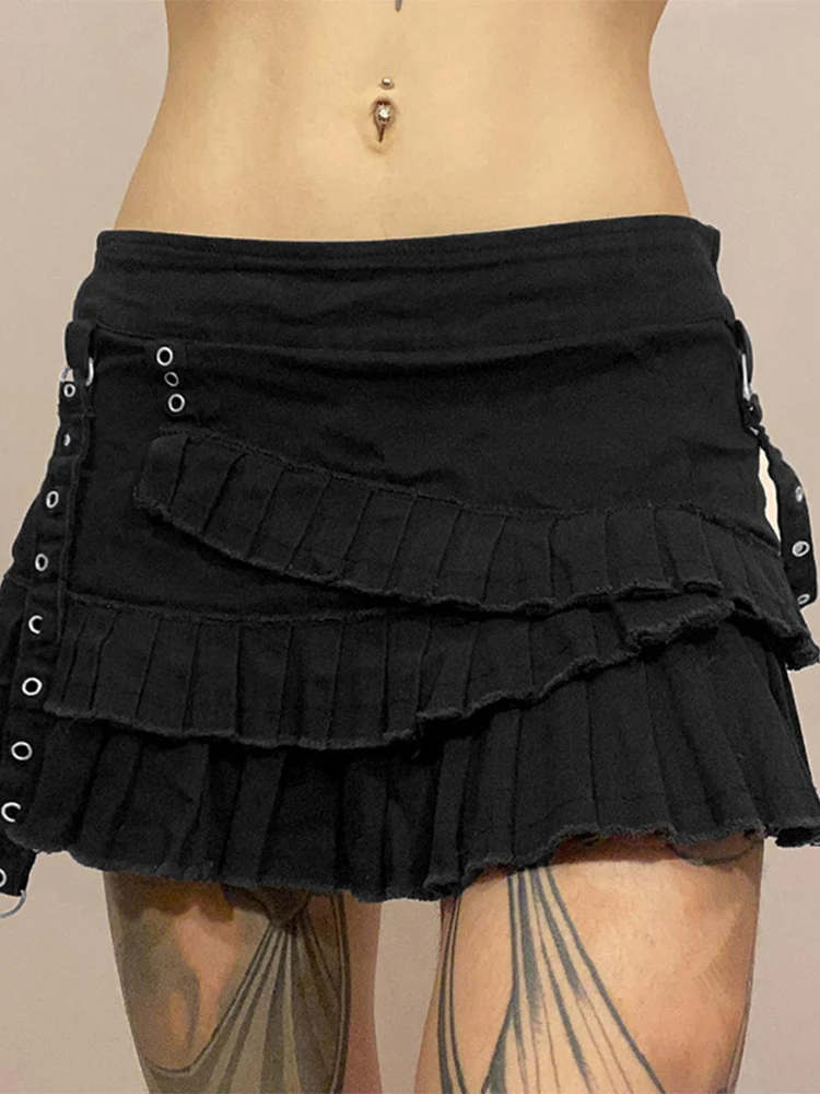 

Женская джинсовая мини-юбка с оборками, трапециевидная черная короткая юбка с заниженной талией, модель ASSK86735 в готическом стиле