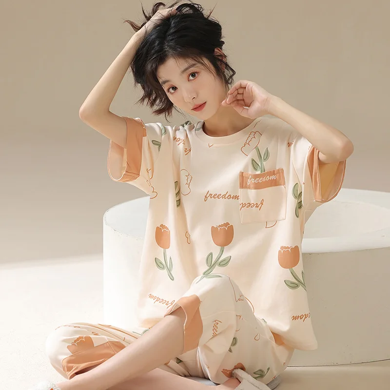 Pajamas for Women's Summer Thin Cotton Cool Short-sleeve Shorts Sleepwear Casual Small Fresh and Sweet Style with Chest Pads