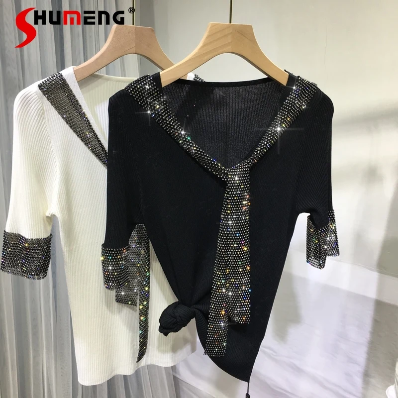 

Women's Rhinestone Pullover Black Tee Top Slimming V-Neck Lace-up Half Sleeve ICE Cotton Slim T-shirts 2022 Spring and Summer