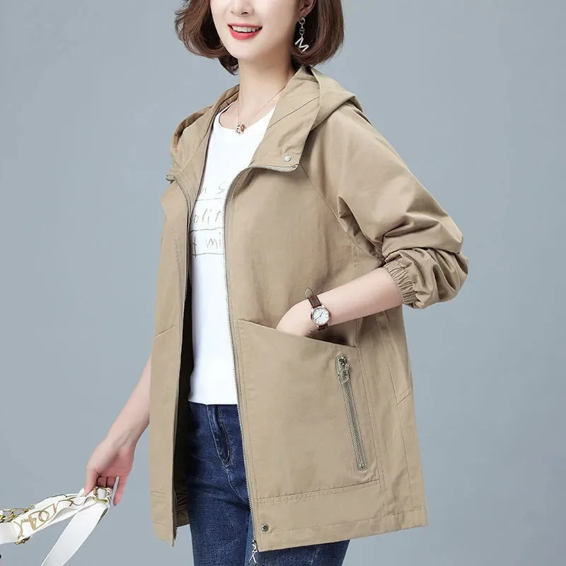 

Women's Jacket 2023 New Spring Autumn Women Basic Coat Long Sleeve Casual Hooded Jackets Loose Female Windbreaker Outwear F-206