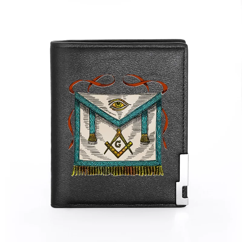 

Unique Freemason Symbol Design Printing Pu Leather Wallet Men Bifold Credit Card Holder Short Purse BG3499