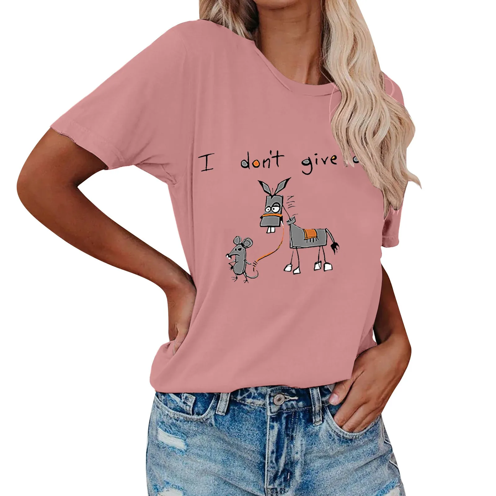 

T Shirts Solid Colors Women Womens Solid Color Large Loose Round Neck Letter Printed Leopard Print Tee under 10 Clothes Women