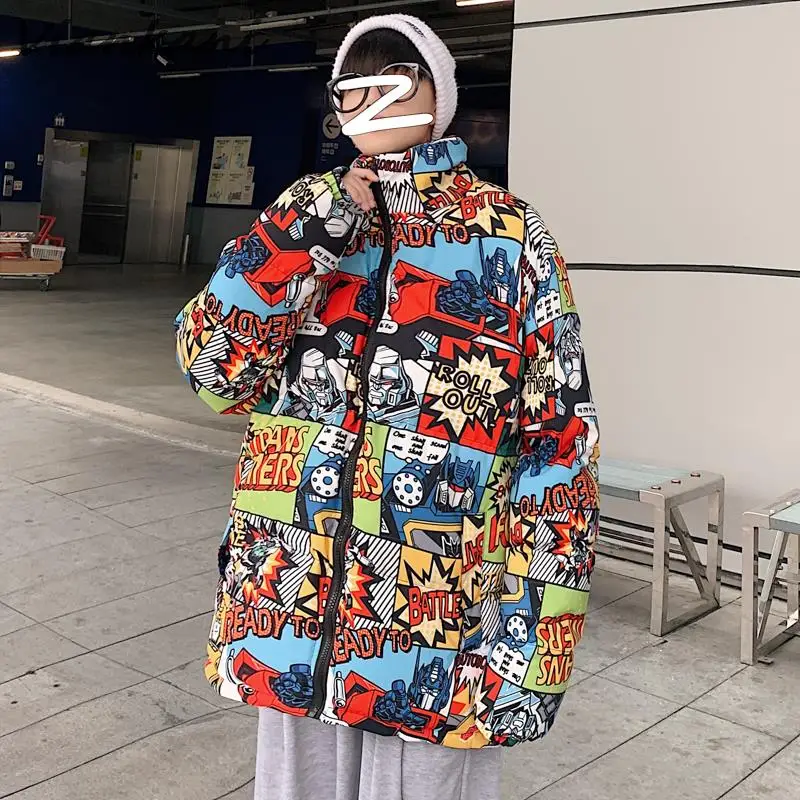 2022 Hip Hop Winter Men Parkas Casual Oversized Warm Korean Streetwear Cartoon Print Coat Fashion Thicken Zipper Mens Jackets