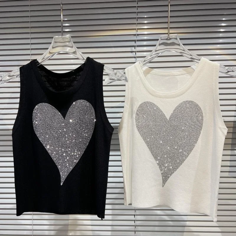

Love Heart Sequins Pattern Knitted Tank Tops Black White Summer Women Tops