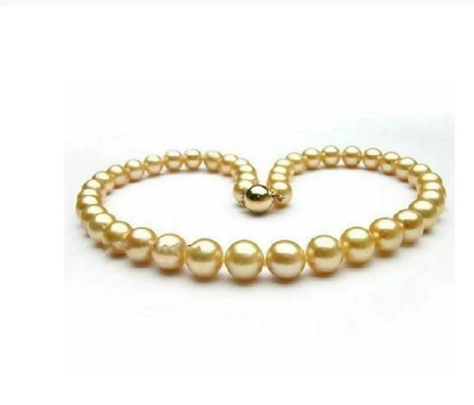

AAAA 9-10MM natural real round south sea golden pearl necklace 18"