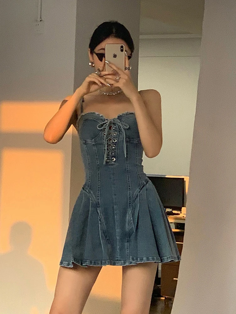 Женское джинсовое платье на шнуровке эластичное облегающее мини-платье-трапеция