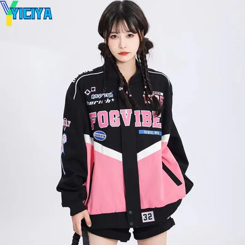 YICIYA Black Bomber Woman American Racing Varsity Jacket Long Sleeve Stand Collar Baseball Jackets Unisex  Bombers Winter Coat