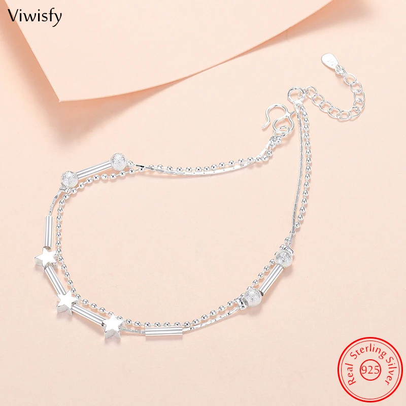 

Viwisfy Double Layers Chains Charms Star Real 925 Sterling Silver Bracelets For Women New Jewelry VW22015