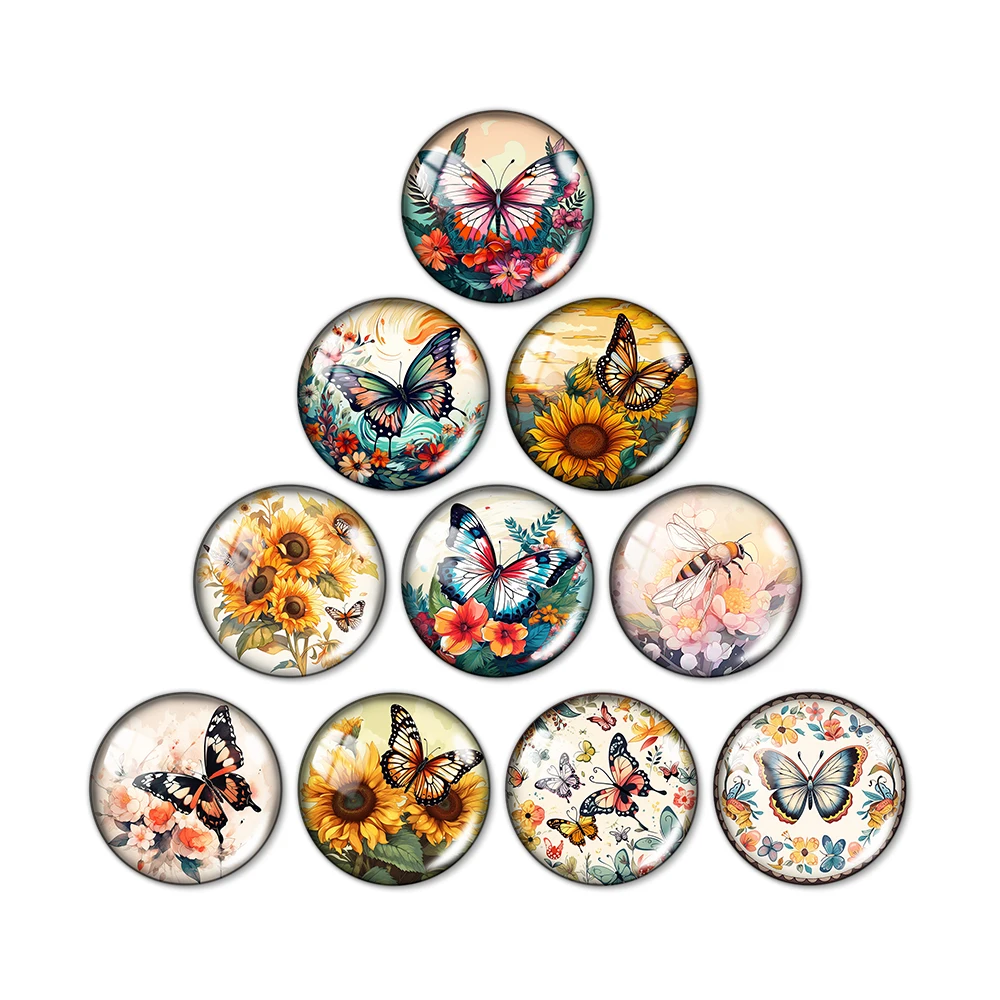 

Colorful Butterfly Bee Flower Painting 12mm/18mm/20mm/25mm Round Glass Cabochons Demo Flat Back Making Findings