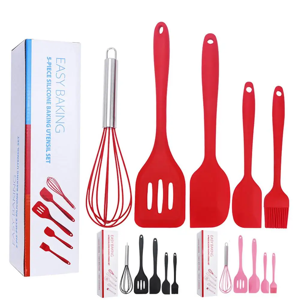 

NEW 5pcs Silicone Kitchen Utensils Set With Scraper Spatula Egg Beater Heat Resistant Non-stick Baking Tools
