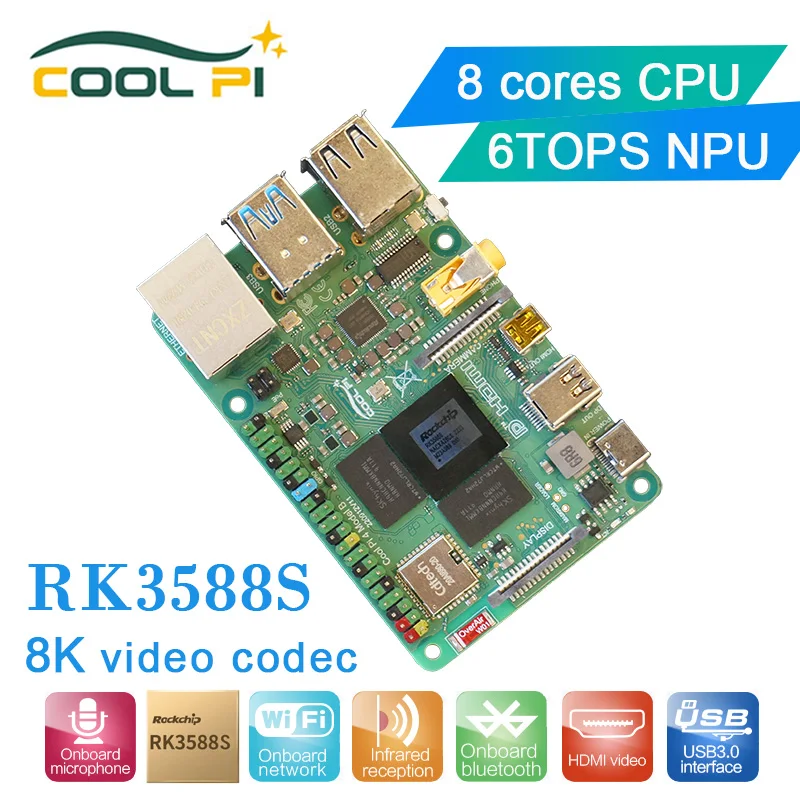 

Cool Pi Rockchip RK3588S Support 5.8G/ 2.4g wifi +BT Gigabit Ethernet Single Board Computer with 8-core 64bit CPU,6 TOPS AI NPU