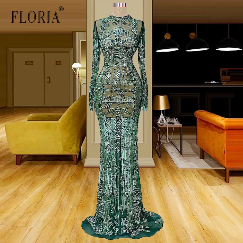 

Olive Green Long Sleeve High Neck Evening Dress Crystals Mermaid Illusion Chic Pageant Dresss Women Robe femme soiree Plus Size
