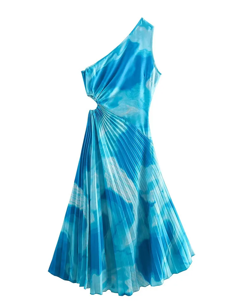 

New women's summer French niche fashion holiday hot style tie-dye irregular sloping shoulders pleated design slim dress