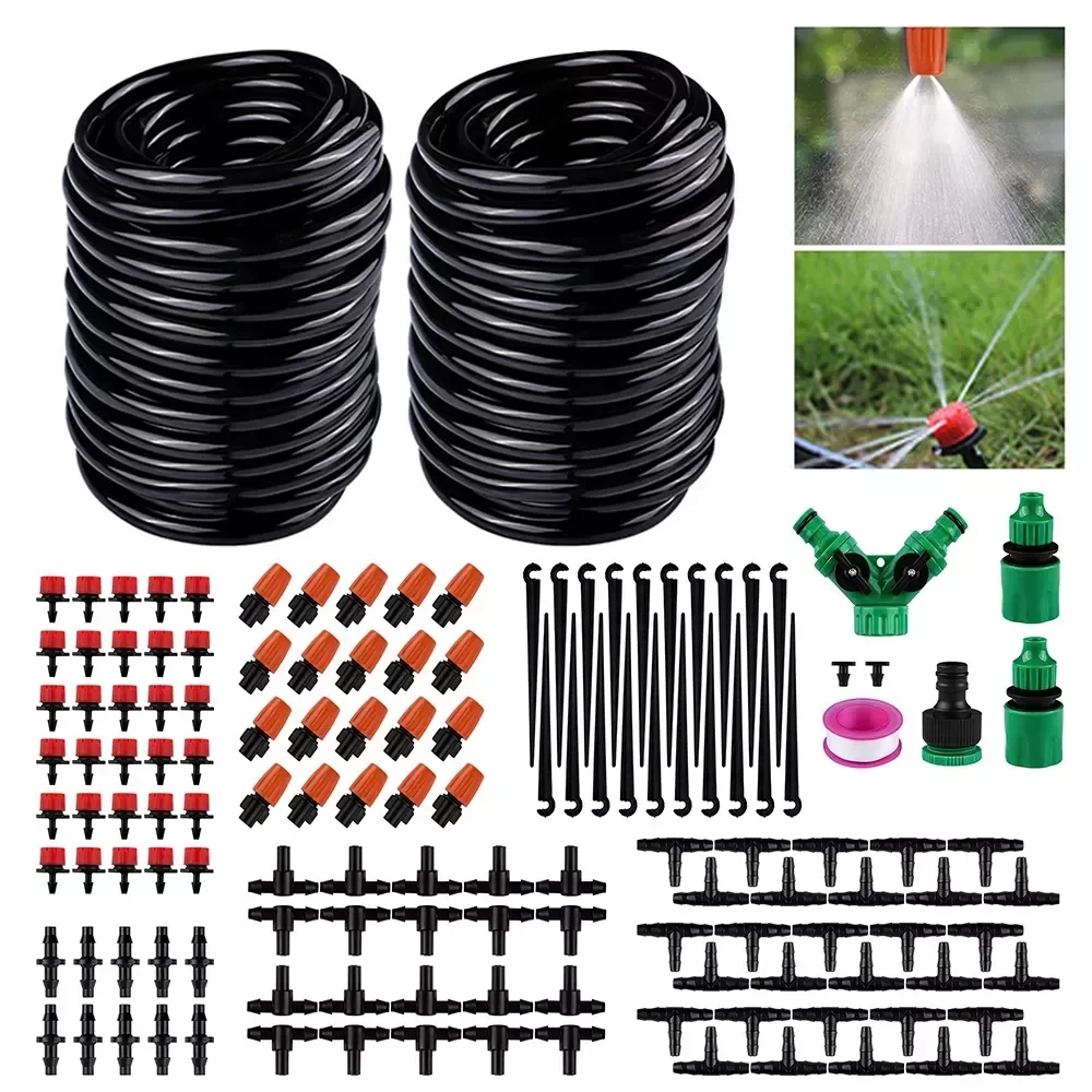 

1/4" Hose Drip Irrigation System Irrigation Timer Kit 30M Garden Automatic Watering Hose 8 Hole Sprinkler Dripper Sets