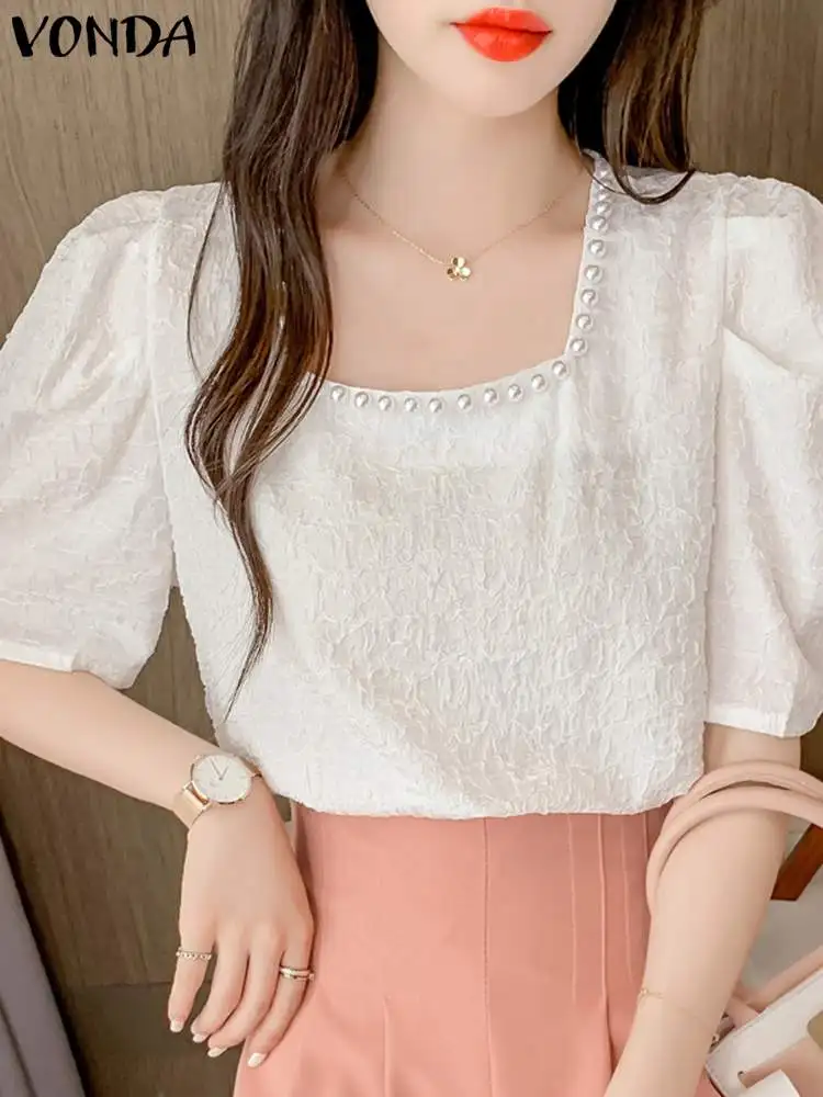 

Women Shirts 2022 VONDA Fashion Loose Sexy Square Collar Party Shirts Vintage Short Sleeve Blouse Feminina Sexy Tops Oversized