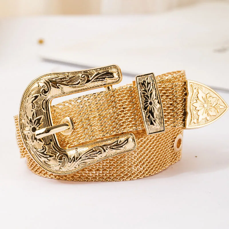 Gold Silver Metal Belts For Women Dress Fashion Buckle Belts Streetwear Strap Female For Jeans Cowgirl Cowboy Ceinture Femme