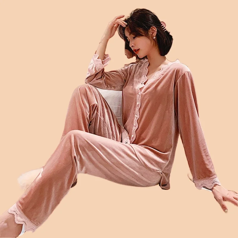 Women's Pajamas Set Soft Velvet Lace Pyjama Homewear Cozy Spring Sexy Black Sleepwear Big Size Femme Pure Color Pjs