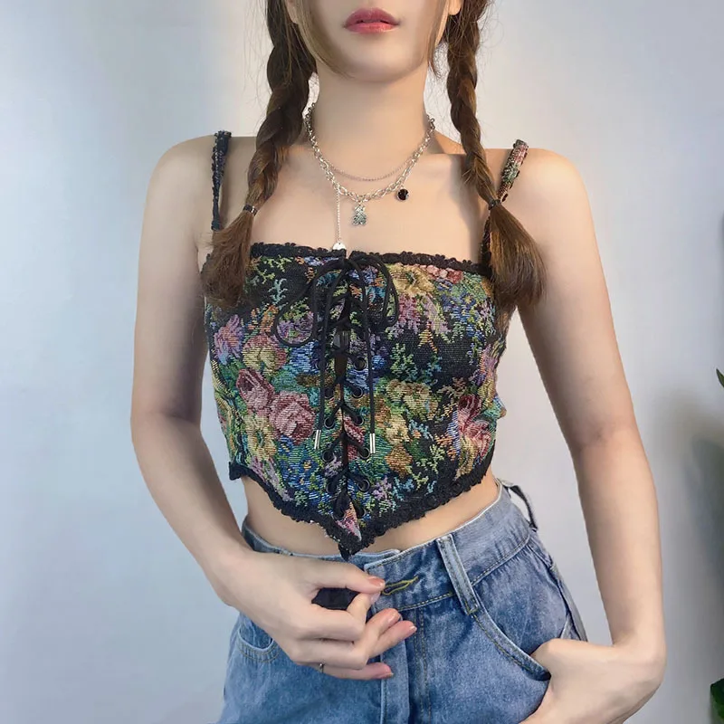 

2022 New French Vintage Corset Tops To Wear Out Sexy Floral Corsets Bustier Crop Top Tank Lace Up Women Flower Camisole