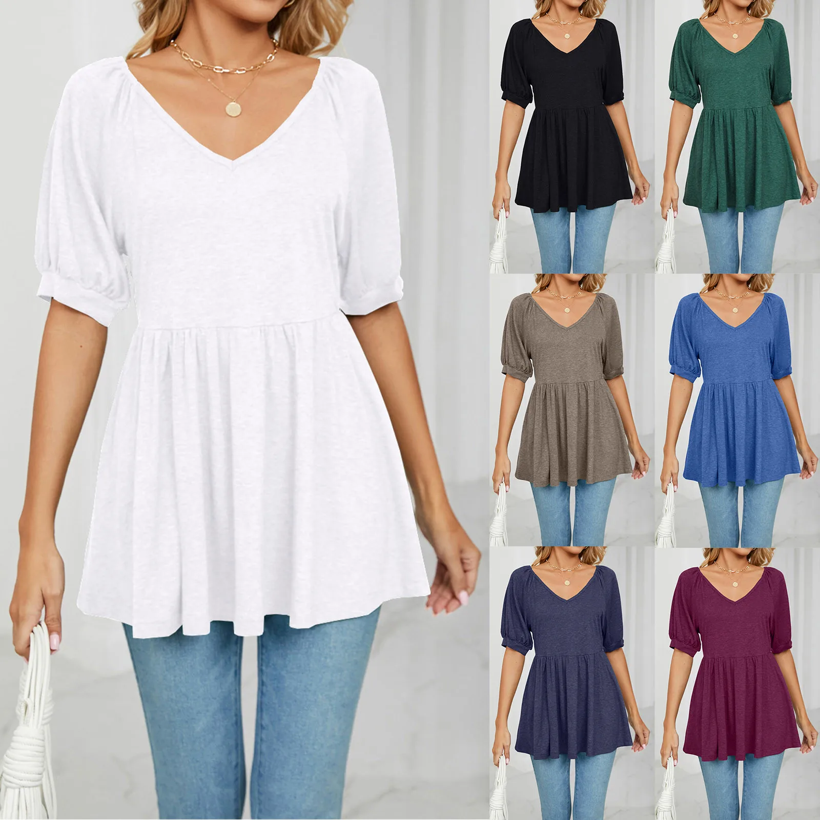 

Women V Neck Short Sleeve Puff Sleeve Tunic Top Solid Color Pullover Fashion 2 T Long Sleeve Tees Cotton Extra Large Women